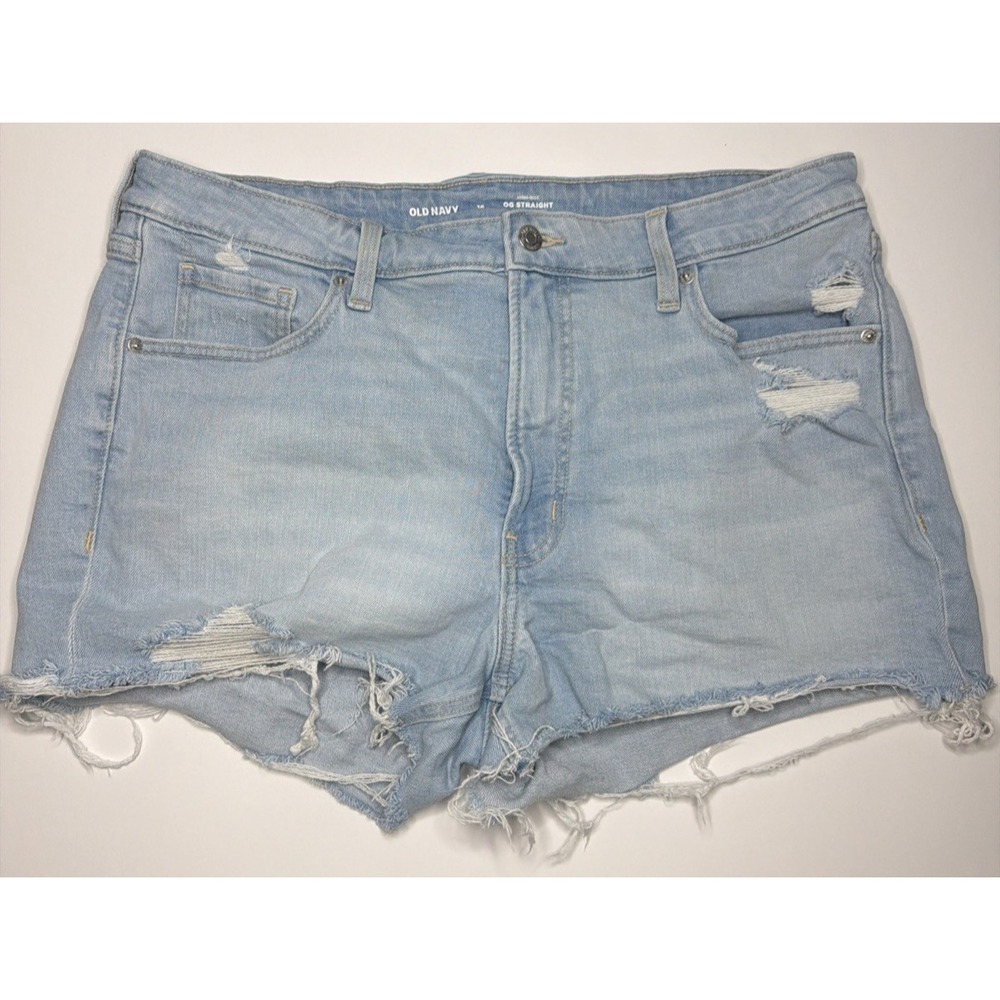 Old Navy Womens High Rise OG Straight Distressed Jean Shorts Sz 16 Stretch Light